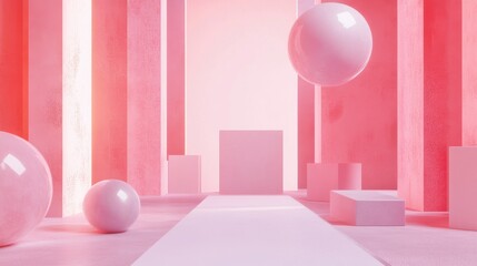 Abstract Artistic Composition Featuring Geometric Shapes and Floating Spheres in a Dreamy Pink Environment with Soft Lighting and Minimalist Design Elements