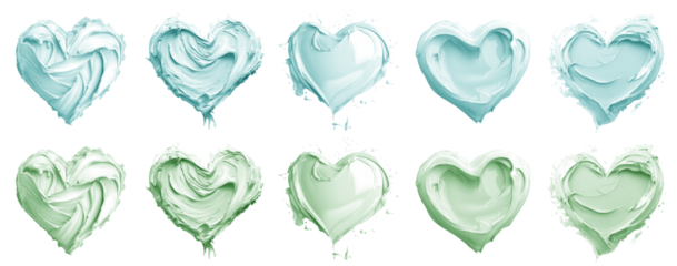 2 Collection of pastel light green turquoise blue, love heart shape blob paint ink liquid smear smudge swatch cream gel wax on transparent cutout, PNG. Many different design. Mockup template artwork	
