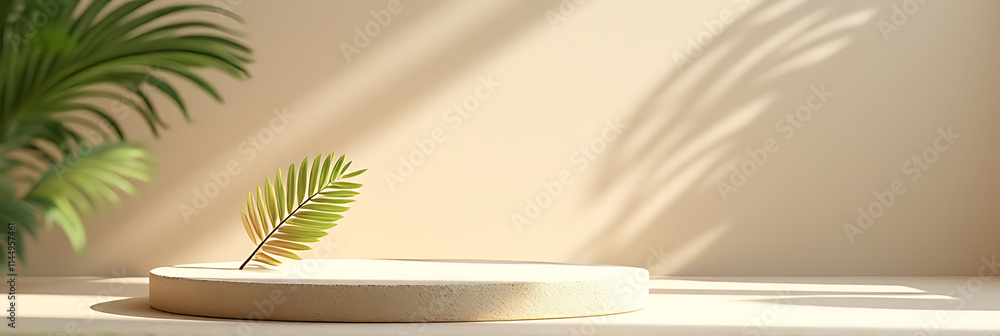 Poster The sandstone top product display platform features a tropical design with a subtle shadow effect and a single pastel colored leaf._00001_
