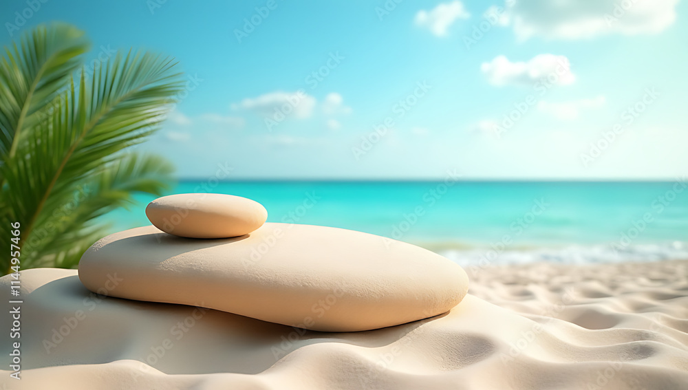 Aufkleber the sandstone top product display platform features a minimalist tropical design under a bright blue