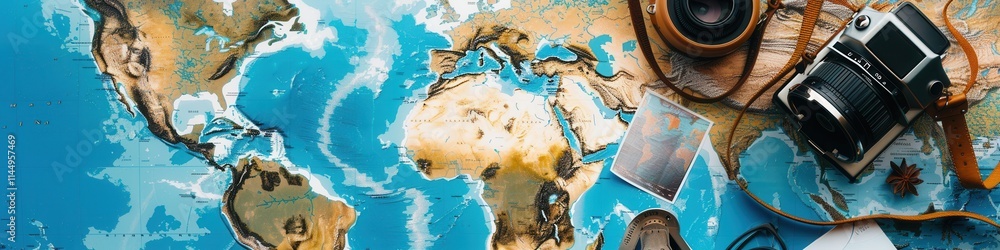 Poster explore the world through travel photos on a vibrant map backdrop perfect for inspiration and advent