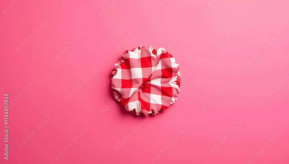 Poster the red checkered fabric is set against a bright pink background creating a lively and playful visua
