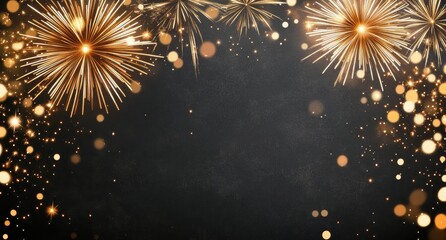 Fireworks border frame with copy space. New Year background with gold fireworks in the night sky. 