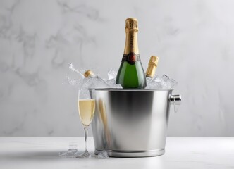 Elegant champagne bottle in a metal ice bucket, pristine white backdrop , ice, bucket, food