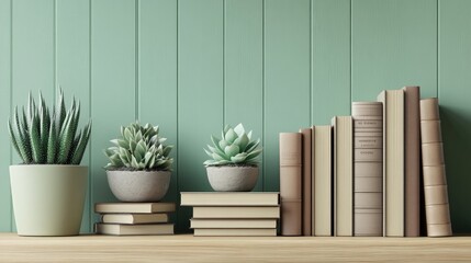 Modern Home Decor with Succulents and Stacked Books on Shelf