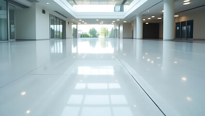 The large open space of the office building is remarkably clean with a smooth and shiny newly polished floor._00001_