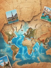 Image of Explore world destinations with travel photos arranged on a vintage map backdrop for creative mock up presentations. Generative AI printed on Printed Aluminium Shower Panels