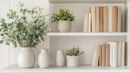 Modern Minimalist Shelves with Decorative Plants and Books Display