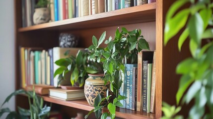 Cozy Bookshelf with Green Plants and Colorful Book Spines
