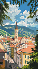 Obraz premium Illustration, Cityscape of Brixen, Bressanone in Italy, Italian alps. Touristic advertisement poster. Promotional touristic poster. Beautiful city in Italy. Must-see tourist travel destination. Mediev