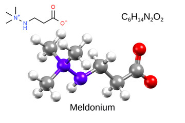 Chemical formula, structural formula and 3D ball-and-stick model of heart drug and doping meldonium