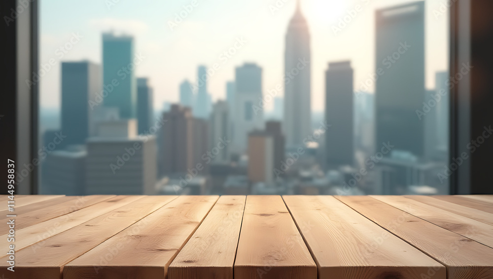 Poster the empty wood table features a blurred cityscape in the background, suitable for product displays o