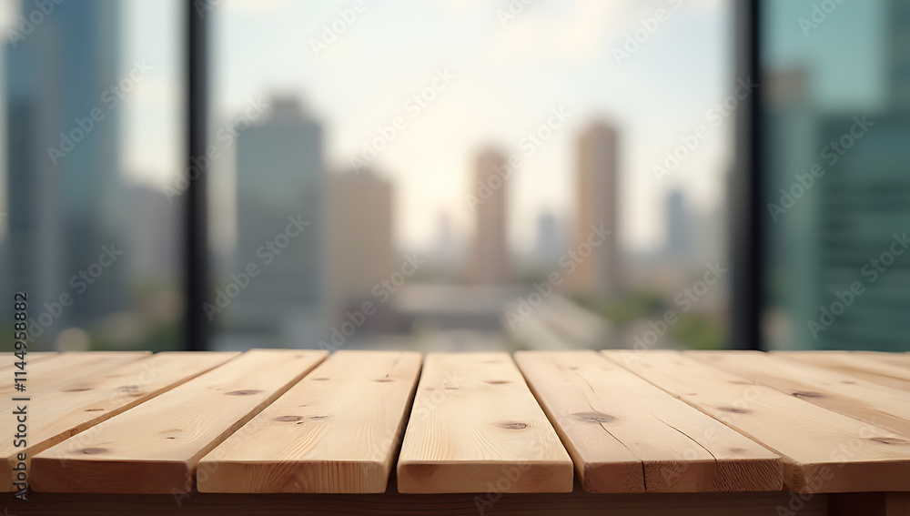 Poster the empty wood table features a blurred cityscape in the background, suitable for product displays o