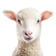 Fototapeta premium Lamb isolated on white background farm animal livestock agriculture wool sheep cute baby animal portrait innocent adorable fluffy Easter spring religious symbol innocence purity gentleness softness
