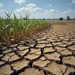 Drought-ravaged farmland, where cracked earth and wilted crops are visible, as distant water sources dry up due to climate change.