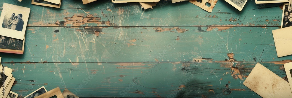 Aufkleber Collage of vintage photographs laid out on a rustic wooden table with ample copy space for design mock up. Generative AI