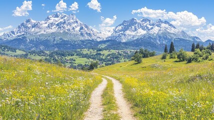 Obraz premium Scenic mountain road through vibrant wildflowers.