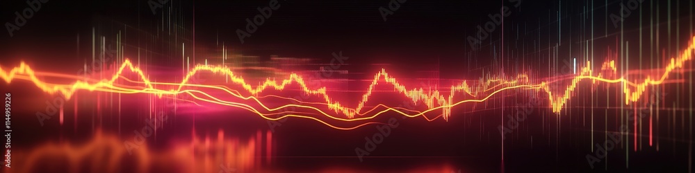 Poster glowing interactive graph of stock trends projected mid-air against dark background with subtle refl