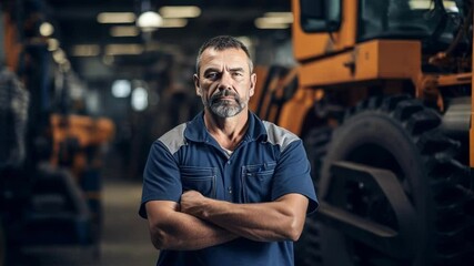 Confident mechanic in blue uniform standing in garage, arms crossed. Expertise and experience in machinery repair showcased. Workshop setting highlights role as supervisor in automotive engineering