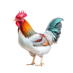 Fototapeta premium Colorful Rooster Isolated on White Background poultry farming livestock agriculture bird animal cock fowl hen chicken feather beak comb wattle wing claw foot standing full body profile view beautiful