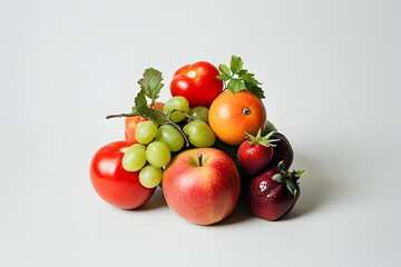 Studio shot of fresh fruit and vegetables on white background, ideal for healthy eating or recipe websites.
