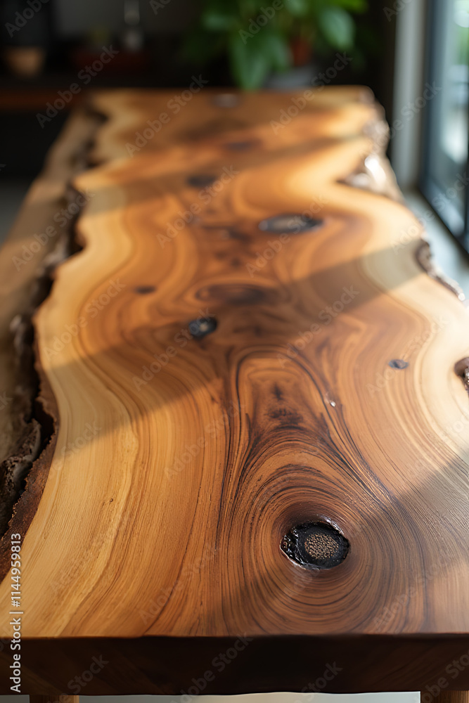 Poster The beautiful wood table features a unique textured surface with intricate patterns that are visually appealing to touch and behold naturally._00003_