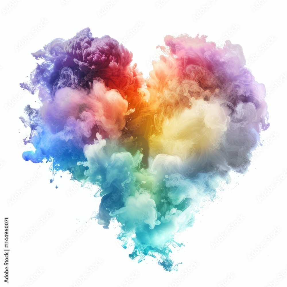 Poster cloud of colorful ink is taking a heart shape while spreading in water on white background