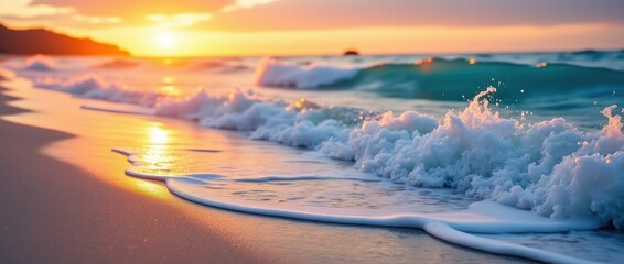Naklejka premium Waves Crashing on Sandy Beach as Sunset Casts Golden and Turquoise Light