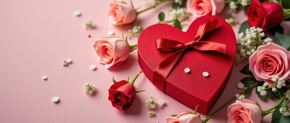 Gift Box With Satin Ribbon Surrounded by Roses for Romantic Occasions