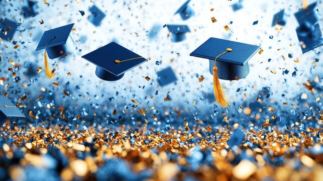 Blue graduation caps tossed in air with gold confetti.