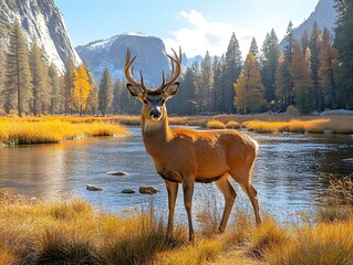 Beautiful view from the Yosemite National Park with a deer.