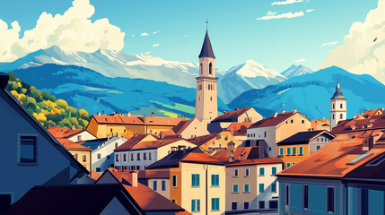 Obraz premium Illustration, Cityscape of Brixen, Bressanone in Italy, Italian alps. Touristic advertisement poster. Promotional touristic poster. Beautiful city in Italy. Must-see tourist travel destination. Mediev