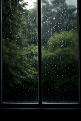 Naklejka premium The Serene Symphony of Steady Downpour: An Intimate Perspective of Raindrops on Window Panes Amidst a Stormy Day