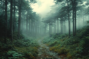 Obraz premium A forest path with trees and a foggy sky