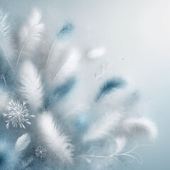 A blue and white feathery design with snowflakes in the center. The snowflakes are scattered throughout the design, with some closer to the center and others further out