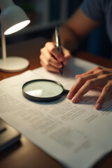 Someone is searching for a specific answer by examining some written text using a magnifying glass on their desk._00002_