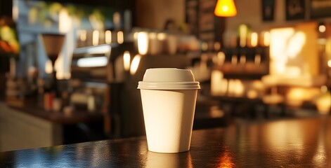 Coffee cup on cafe counter with warm lighting and cozy atmosphere