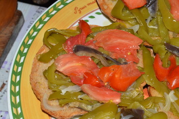 Friselle, bruschette con peperoni, melanzane e cipolla grigliate
