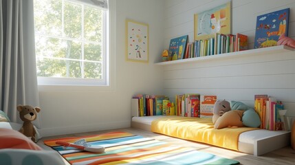 Cozy and Colorful Children's Room with Books and Toys in Sunlight