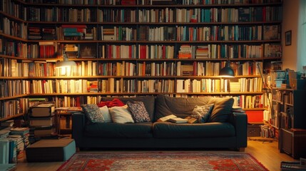 Cozy Living Room with Bookshelves and Comfortable Sofa at Night