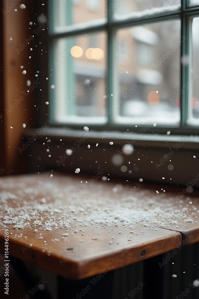 Poster snowflakes gently fall onto an empty wooden table in a cozy winter cafe setting, adding to its rusti