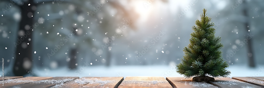 Poster snowflakes fall on an empty wood table topped with a blurred christmas tree against a serene winter 