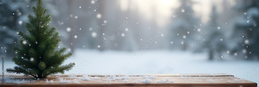 Poster snowflakes fall on an empty wood table topped with a blurred christmas tree against a serene winter 