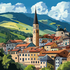 Obraz premium Illustration, Cityscape of Brixen, Bressanone in Italy, Italian alps. Touristic advertisement poster. Promotional touristic poster. Beautiful city in Italy. Must-see tourist travel destination. Mediev