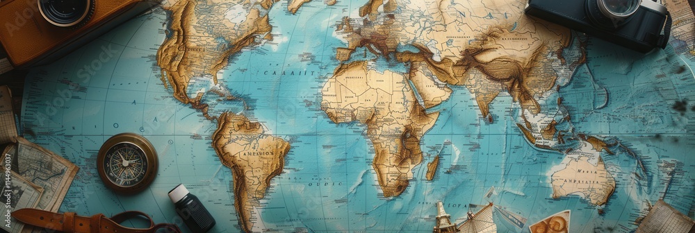 Poster travel memories displayed on a vintage world map backdrop with ample copy space for customization an