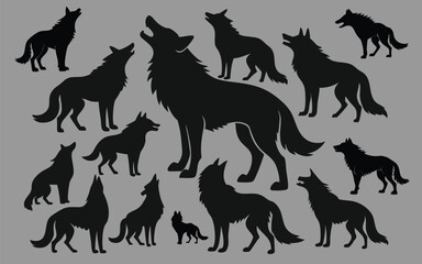 Silhouettes of Wolves in Various Poses