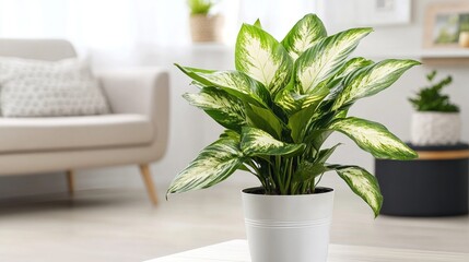 Obraz premium Fresh Green Plant in Modern Living Room with Soft Natural Light