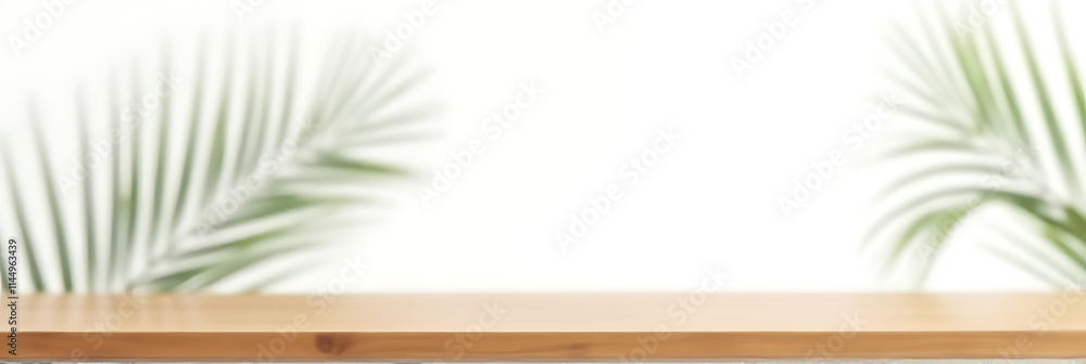 Poster simple wooden counter with a blurred coconut leaf design on a clean white background in a minimalist