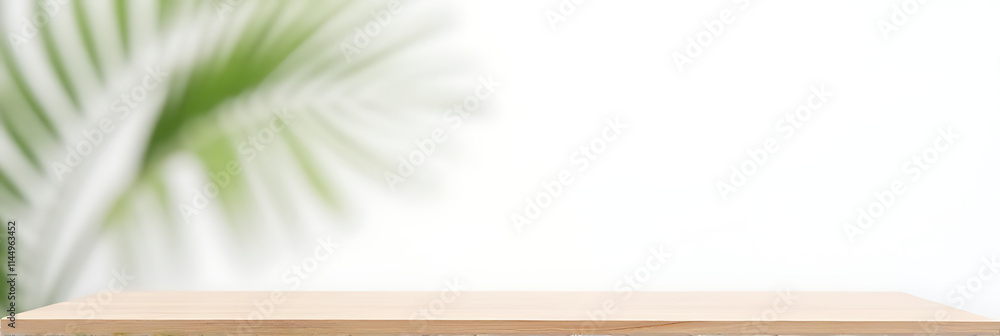 Poster simple wooden counter with a blurred coconut leaf design on a clean white background in a minimalist