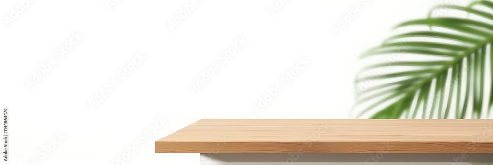 Poster simple wooden counter with a blurred coconut leaf design on a clean white background in a minimalist